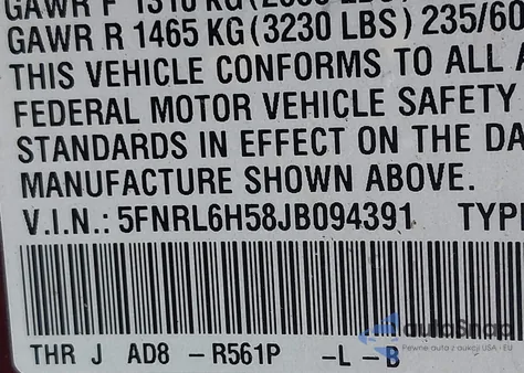 2018 Honda Odyssey Ex из США, поврежденный, VIN 5FNRL6H58JB094391